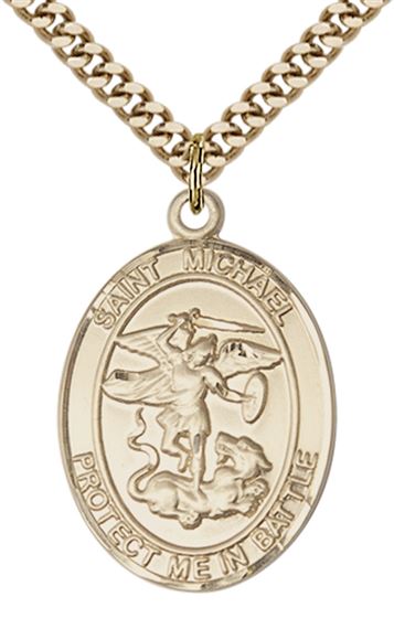 14KT GOLD FILLED ST MICHAEL PENDANT ON A CHAIN - 1" x 5/8"